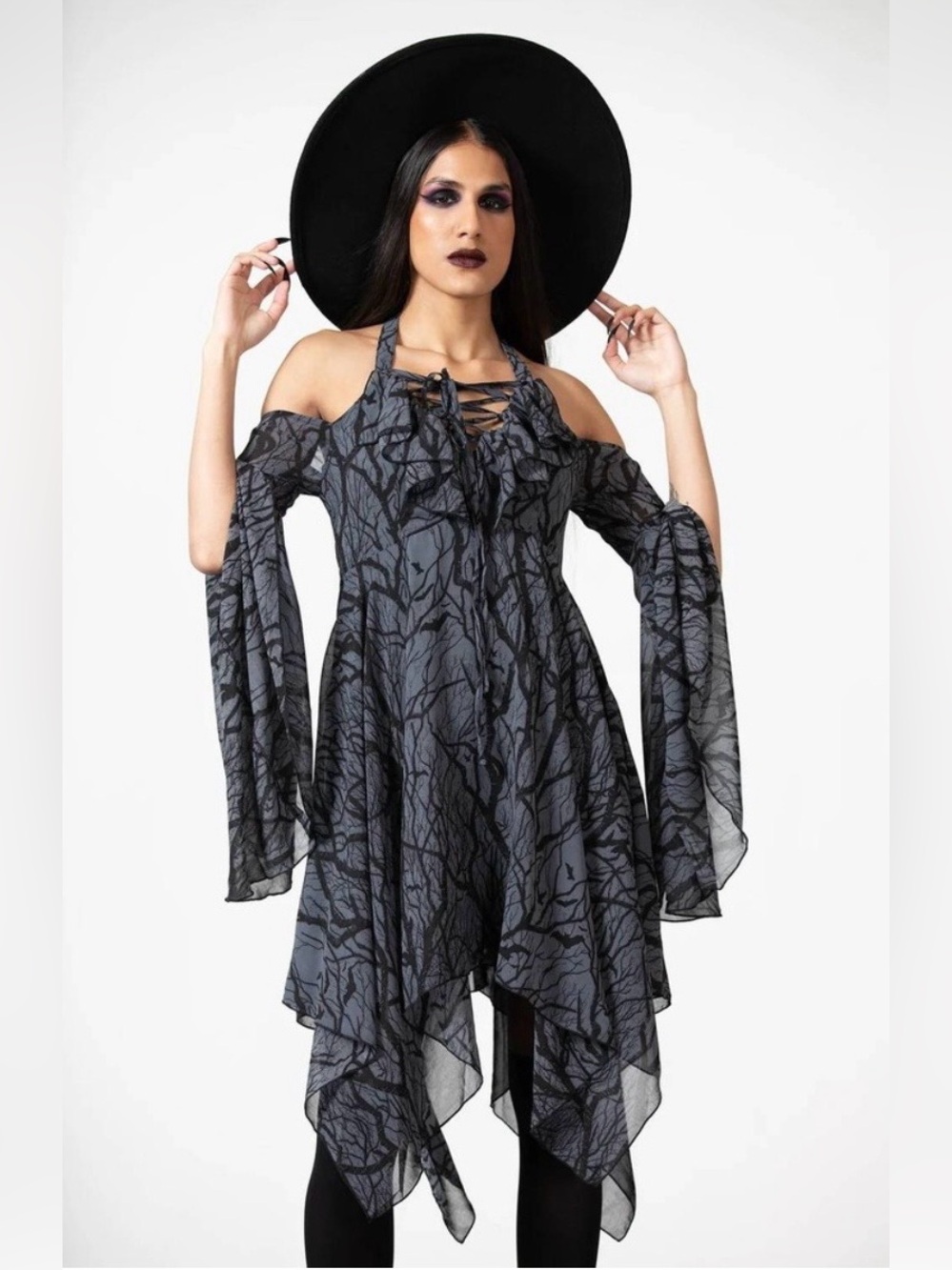 Killstar Black and Gray Asymmetrical Cold-Shoulder Dress
